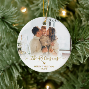 Modern Gold Script Family Photo Merry Christmas Ceramic Tree Decoration