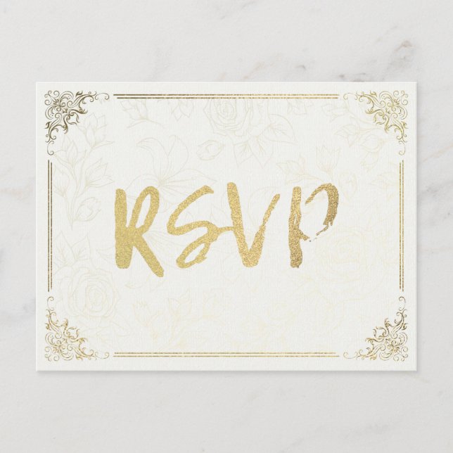 Modern Gold Script Floral Frame Wedding RSVP Reply Invitation Postcard (Front)