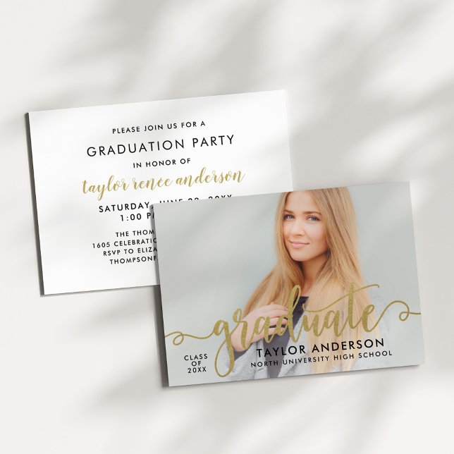 Modern Gold Script Graduate Photo Graduation Party Invitation (Creator Uploaded)