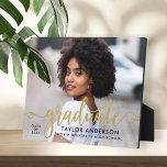Modern Gold Script Graduate Photo Graduation Plaque<br><div class="desc">Stylish and elegant graduation plaque sign with easel features a senior photo with "graduate" faux gold foil script overlay. Personalise the modern custom text with your grad's name,  school,  and class year. Makes a beautiful keepsake to display in your home!</div>