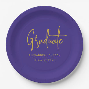 Modern Gold Script Graduation Party Blue Custom Paper Plate