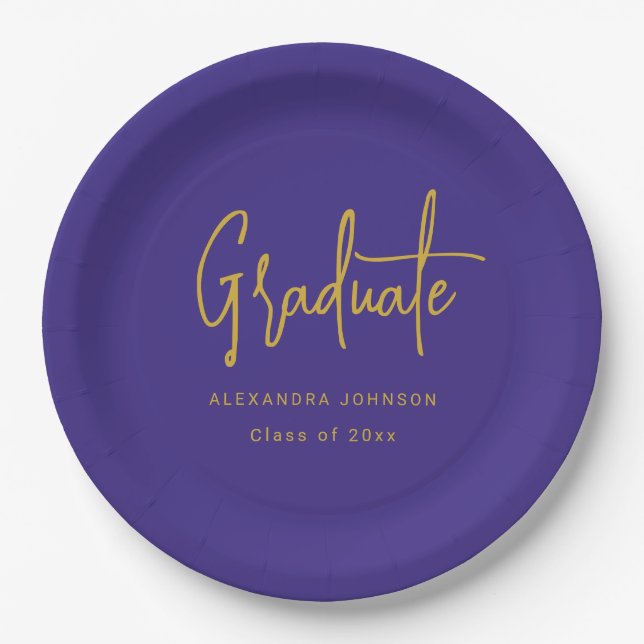 Modern Gold Script Graduation Party Blue Custom Paper Plate (Front)