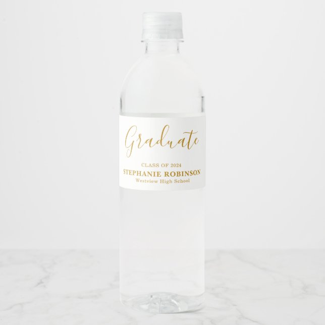 Modern Gold Script Graduation Party Water Bottle Label (Front)