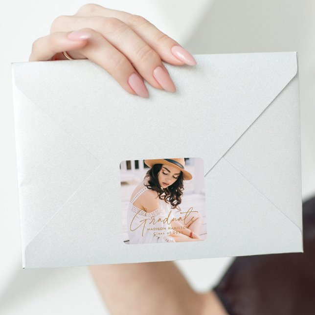 Modern Gold Script Graduation Photo Square Sticker (Creator Uploaded)
