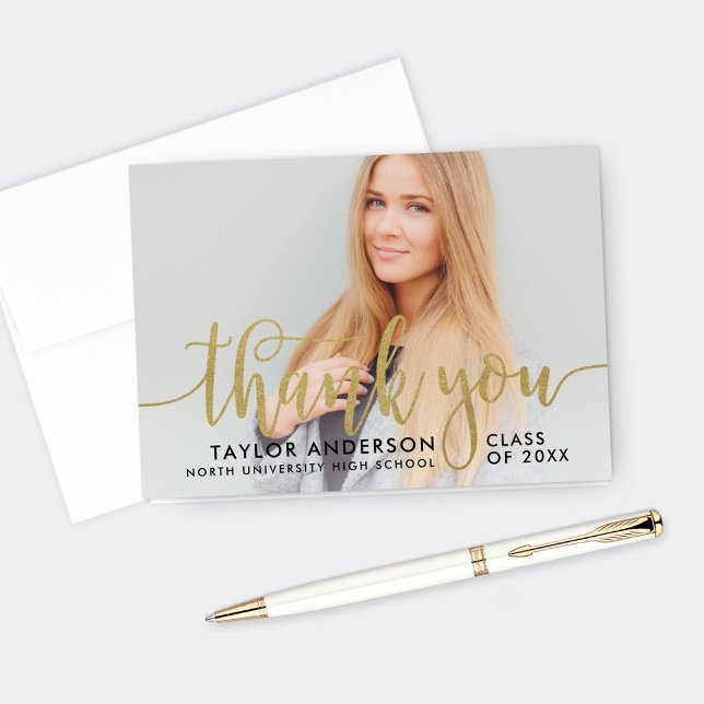 Modern Gold Script Graduation Photo Thank You Card (Creator Uploaded)