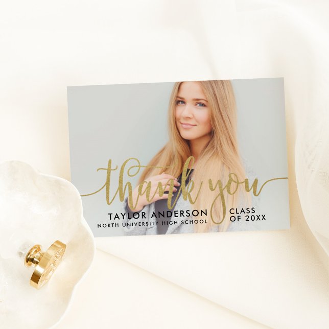 Modern Gold Script Graduation Photo Thank You Card (Creator Uploaded)