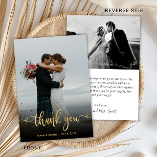 Modern Gold Script Hand Lettered Wedding Photo  Thank You Card