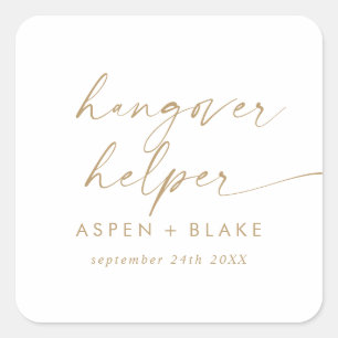 Modern Gold Script Hangover Helper Wedding Favour Square Sticker