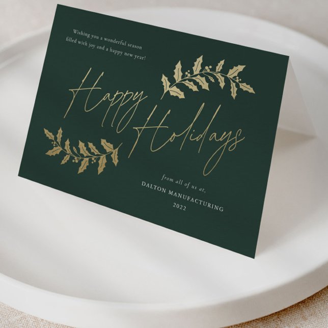 Modern Gold Script Happy Holidays Business Holiday Card (Elegant gold and green script business holiday cards.)