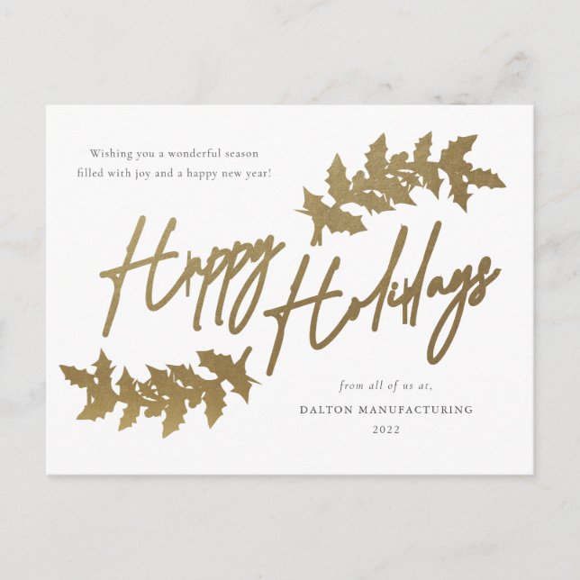 Modern Gold Script Happy Holidays Business Holiday Postcard (Front)