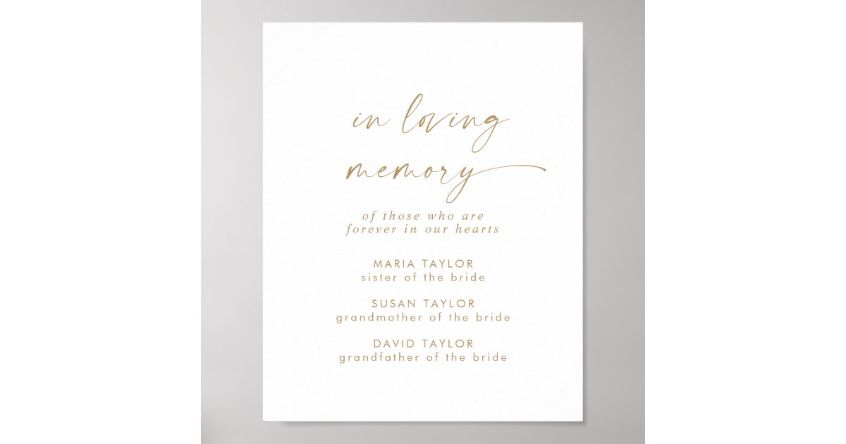 Gold Script In Loving Memory Modern Gold Script In Loving Memory Memorial Poster | Zazzle