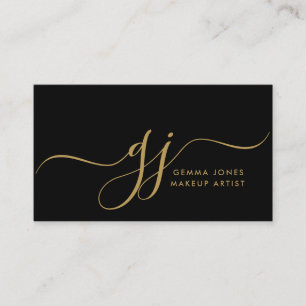 Modern Gold Script Initials Makeup Artist Black Business Card