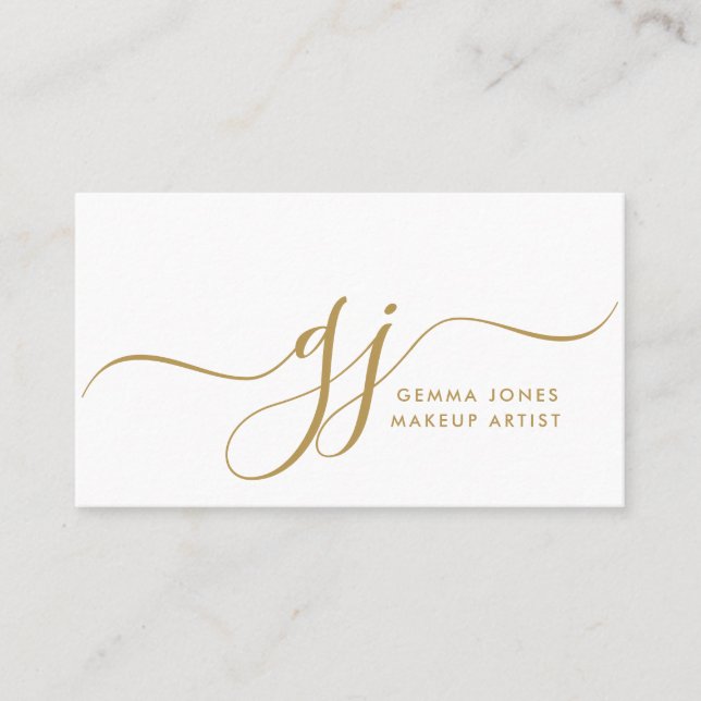 Modern Gold Script Initials Makeup Artist Business Card (Front)