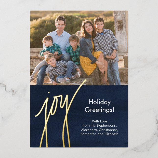 Modern Gold Script Joy Holiday Photo Card (Front)