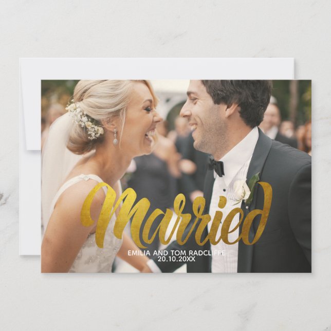 Modern Gold Script Married Photo Thank you Invitation (Front)