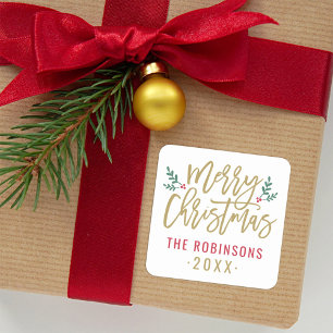 Modern Gold Script Merry Christmas Custom Square Sticker