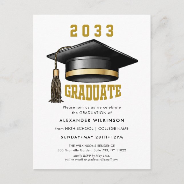 Modern Gold Script Minimalist GRAD Cap Graduation Invitation Postcard (Front)