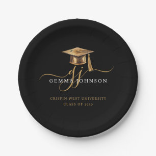 Modern Gold Script Minimalist Graduation Black Paper Plate