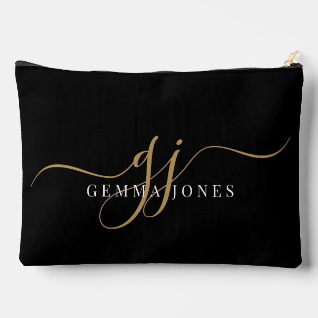 Modern Gold Script Monogram Initials Accessory Pouch (Back)