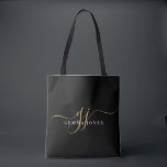 Modern Gold Script Monogram Initials Tote Bag<br><div class="desc">An elegant modern minimalist style monogrammed tote bag,  with a sans serif name and elegant gold swash script initials on black.</div>