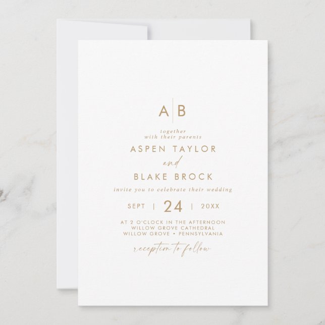 Modern Gold Script Monogram Wedding Invitation (Front)