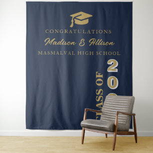 Modern Gold Script Navy Blue Twin Graduation Tapestry