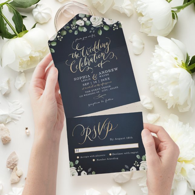 Modern gold script navy blue white floral wedding all in one invitation (Modern gold script navy blue white floral wedding all in one invitation)
