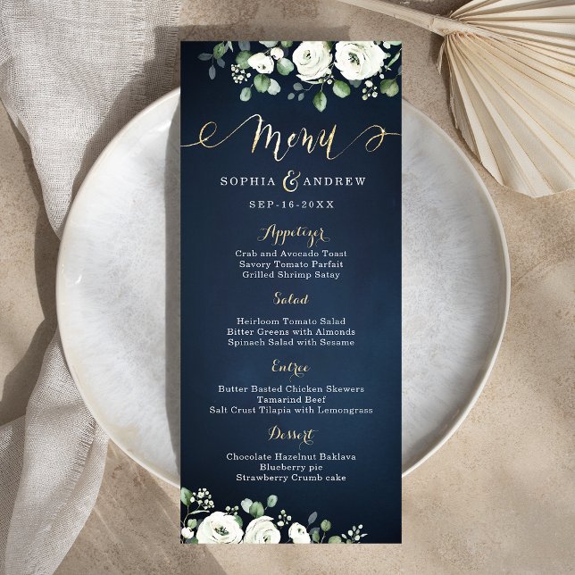 Modern gold script navy blue white floral wedding menu (Modern gold script navy blue white floral wedding menu)