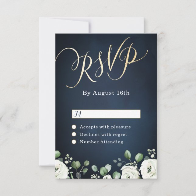 Modern gold script navy blue white floral wedding RSVP card (Front)
