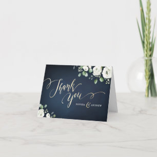 Modern gold script navy blue white floral wedding thank you card