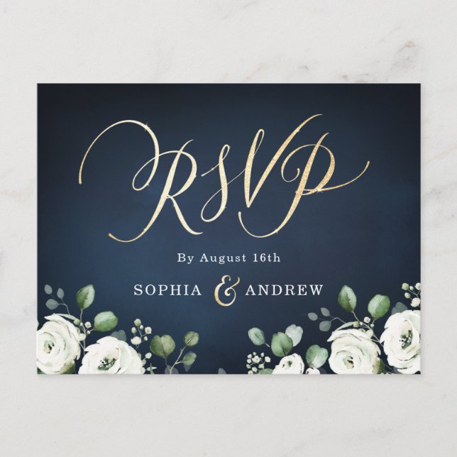 Modern gold script navy white floral wedding RSVP Invitation Postcard (Front)