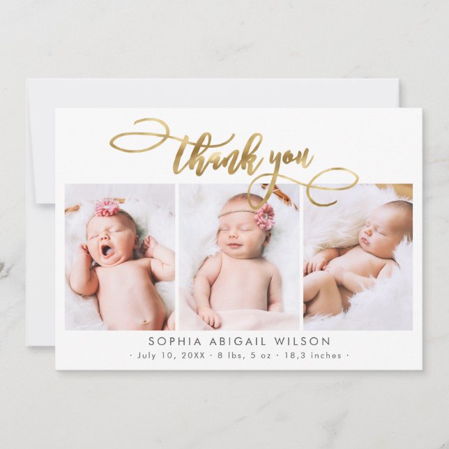 Modern Gold Script Newborn 3 Baby Photo Thank You (Front)