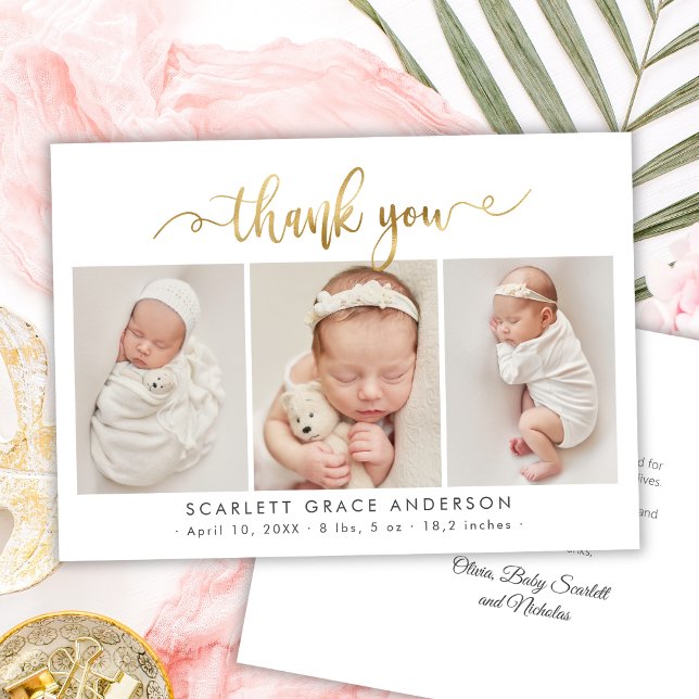 Modern Gold Script Newborn 3 Baby Photo Thank You Card (Creator Uploaded)