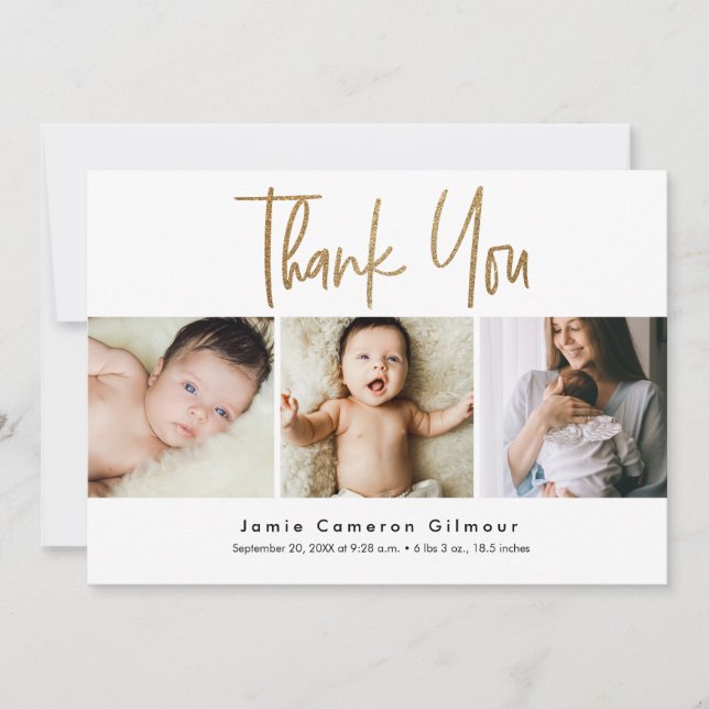 Modern Gold Script Newborn Baby Photo Collage Announcement (Front)
