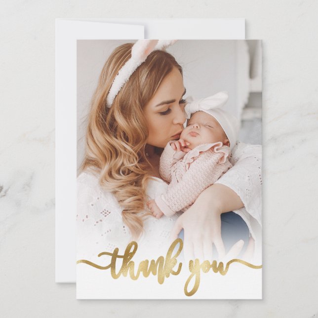 Modern Gold Script Newborn Baby Photo Thank You Card (Front)