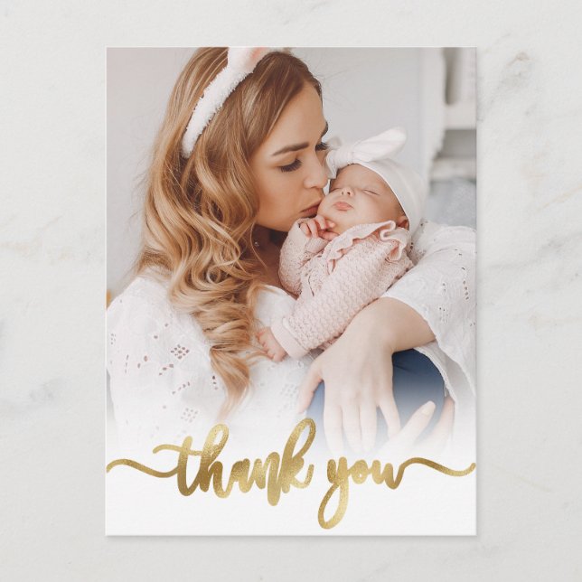 Modern Gold Script Newborn Baby Photo Thank You  Postcard (Front)