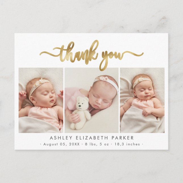 Modern Gold Script Newborn Photo Collage Thank You Postcard (Front)
