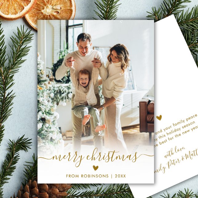 Modern Gold Script One Photo Cute Merry Christmas Holiday Card (Creator Uploaded)