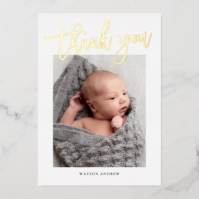 Modern Gold Script Photo Baby Thank You (Front)