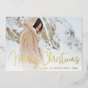 Modern Gold Script Photo Elegant Christmas Foil Holiday Card