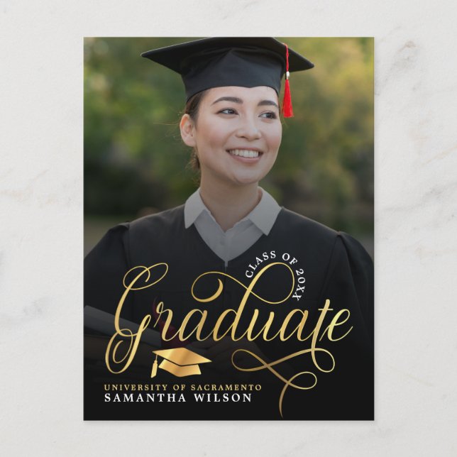 Modern Gold Script Photo Graduation Announcement Postcard (Front)