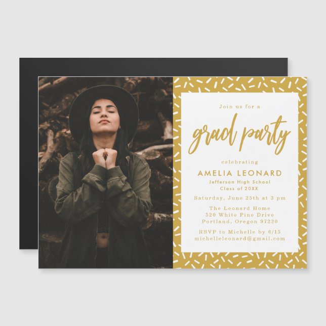 Modern Gold Script Photo Graduation Party Magnetic Invitation (Front/Back)