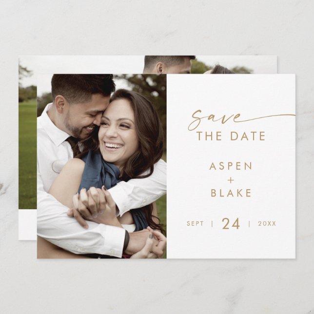 Modern Gold Script Photo Save The Date (Front/Back)