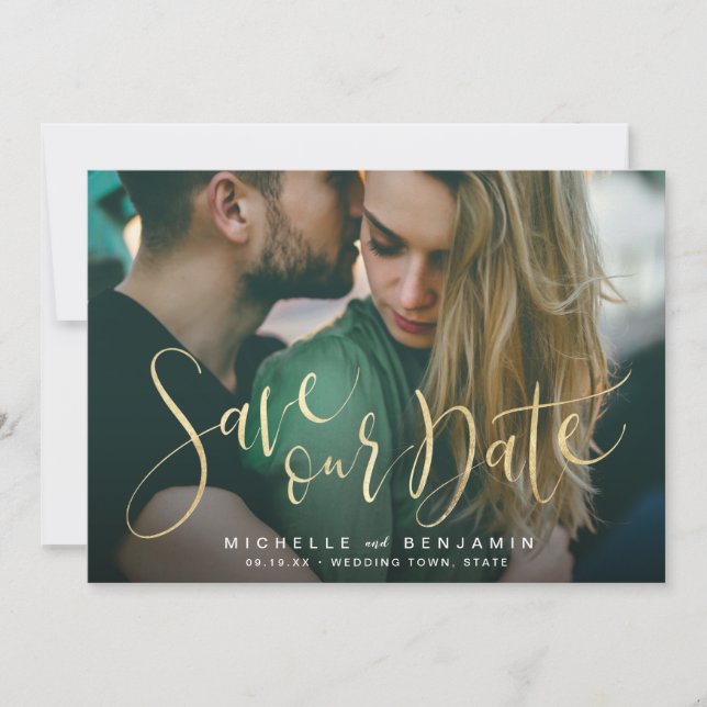 Modern gold script photo wedding save the date (Front)