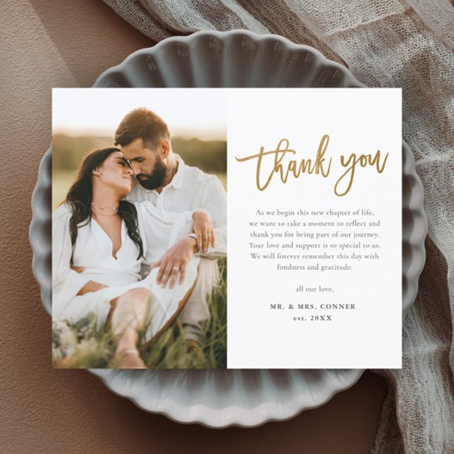 Modern Gold Script Photo Wedding Thank You (Modern gold script wedding photo thank you magnetic card.)