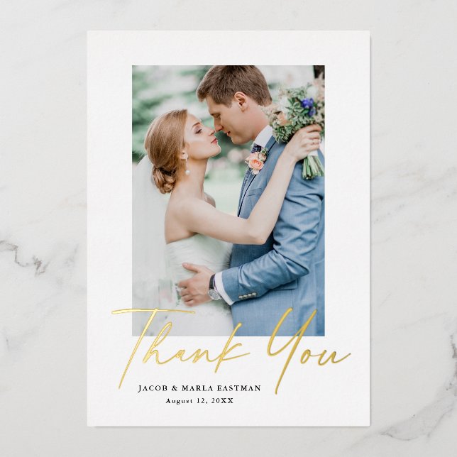 Modern Gold Script Photo Wedding Thank You Card (Front)