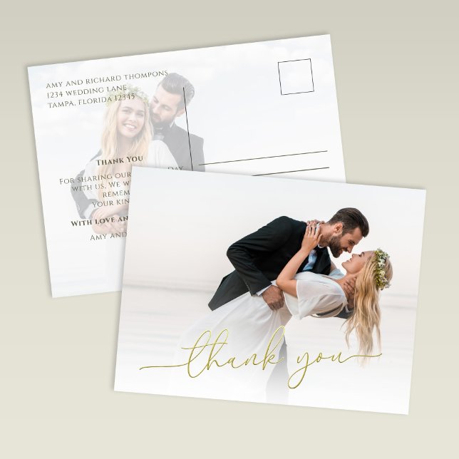 Modern Gold Script Photo Wedding Thank You Card (Modern wedding thank you card with soft photo overlay and gold script text)