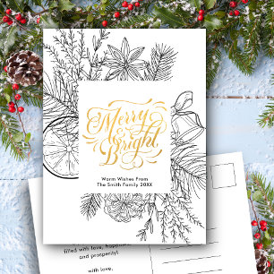 Modern Gold Script Pine Bough Minimalist Floral Ho Holiday Postcard