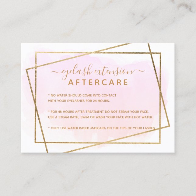 Modern gold script pink eyelash aftercare business card (Front)