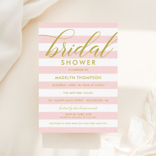 Modern Gold Script Pink Stripes Bridal Shower Invitation